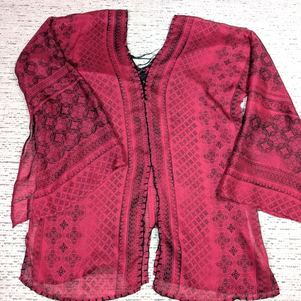 Bohemian Red 100% silk Paisley Patterned Blouse With Lace Up Detail